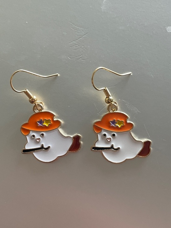 Jewelry - Cute White Ghost Earrings with Orange Hat - Women's Jewelry